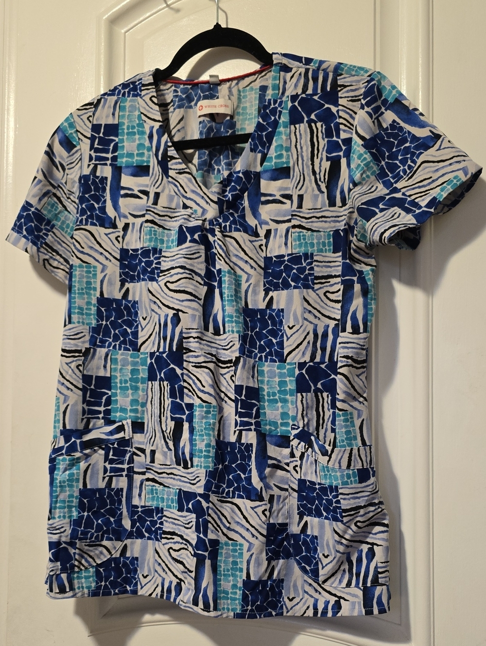 White Cross Blue Multi-Block Print Short Sleeve V-Neck Top